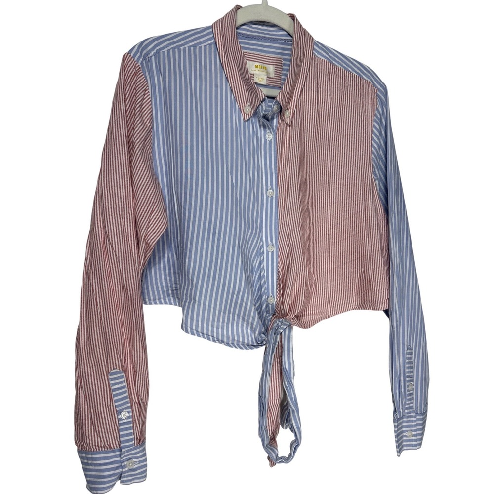 Maeve Anthropologie Mixed Stripe Tie Front Cropped Button Down Shirt XL Red Blue